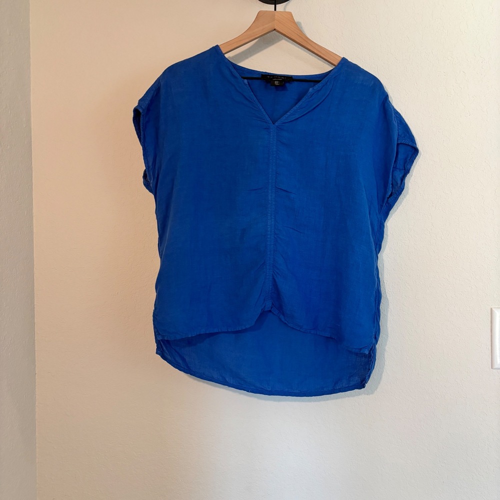Tahari Top V-Neck Small 100% Linen Blue Coastal Grandma Lagenlook Cap Sleeve